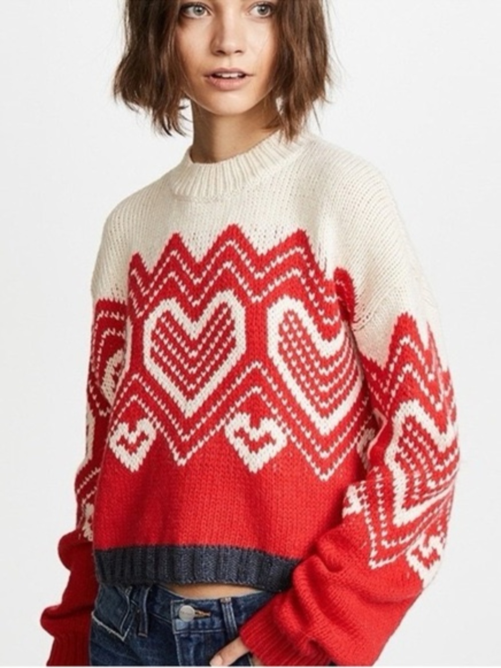 Free People Cream and Red Heart Fair Isle Cropped Crew Sweater